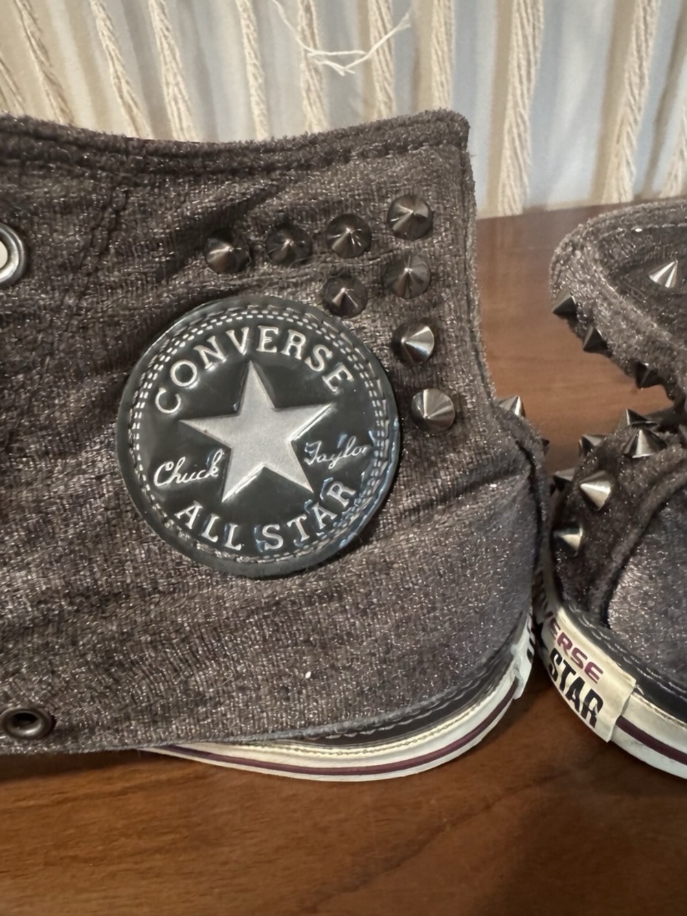 Converse High-Top Sneaker in Charcoal and Burgundy with Metal Studs - Picture 4 of 7